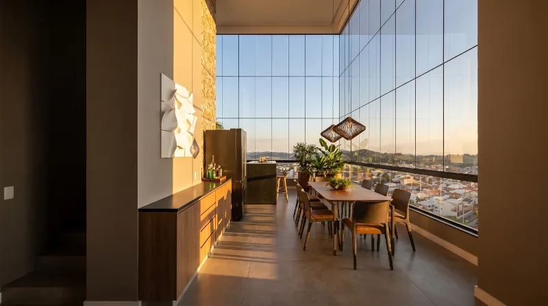 Living da cobertura duplex com pé-direito duplo e parede envidraçada com vista para a serra ao entardecer