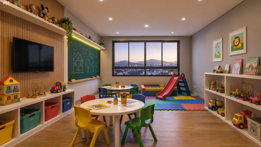 Brinquedoteca do Residencial AltaVille, com mesas e cadeiras coloridas, escorregador, piscina de bolinhas, lousa verde, prateleiras de brinquedos e janela com vista para a serra