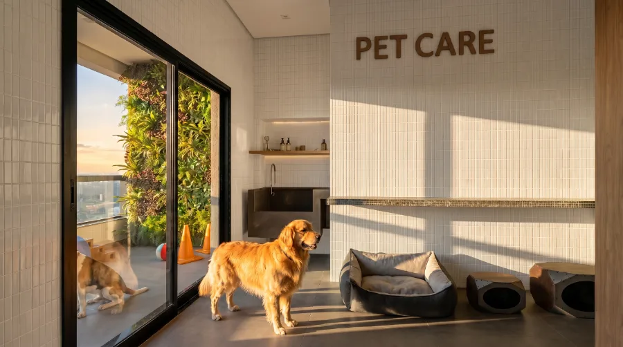 Espaço Pet Care com bancada de banho, camas para cães e área externa com jardim vertical
